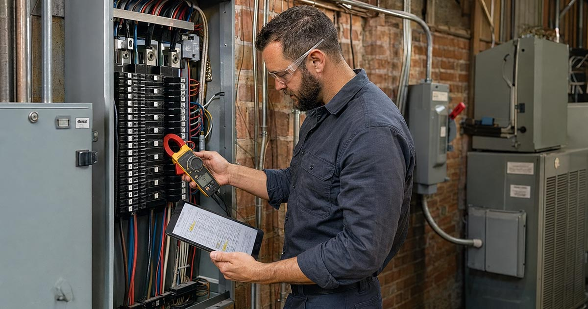 Electrician Performing Commercial Electrical Load Assessment